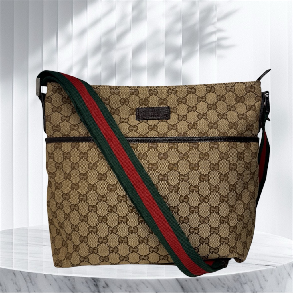 Gucci Flat Web Strap Brown Crossbody Bag With Green And Red Strap
